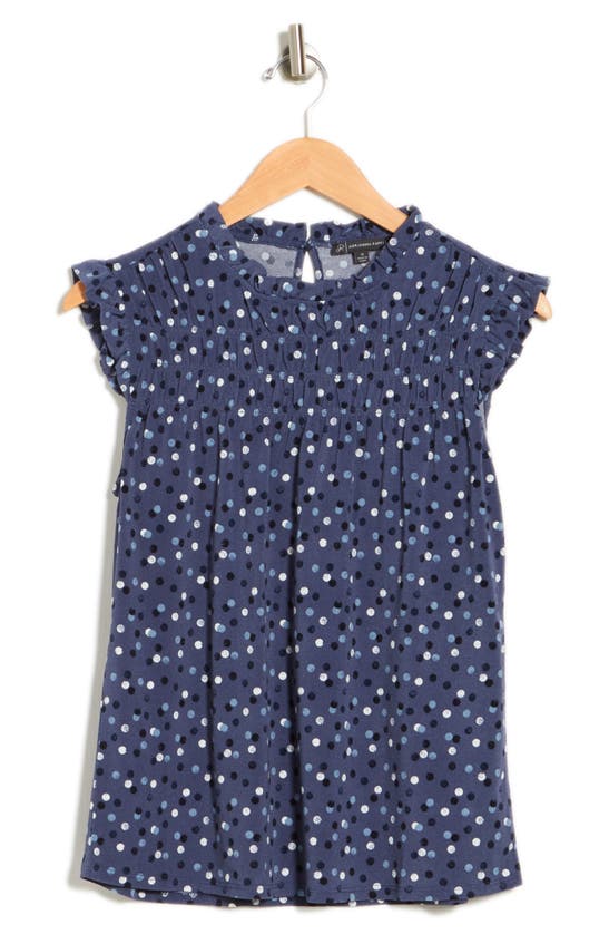 Adrianna Papell Printed Ruffle High Neck Top In Denim Sketch Dots
