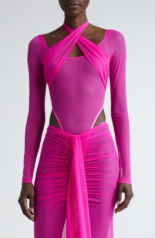 LaQuan Smith Crossover Halter Neck Mesh Bodysuit Fuchsia at Nordstrom,