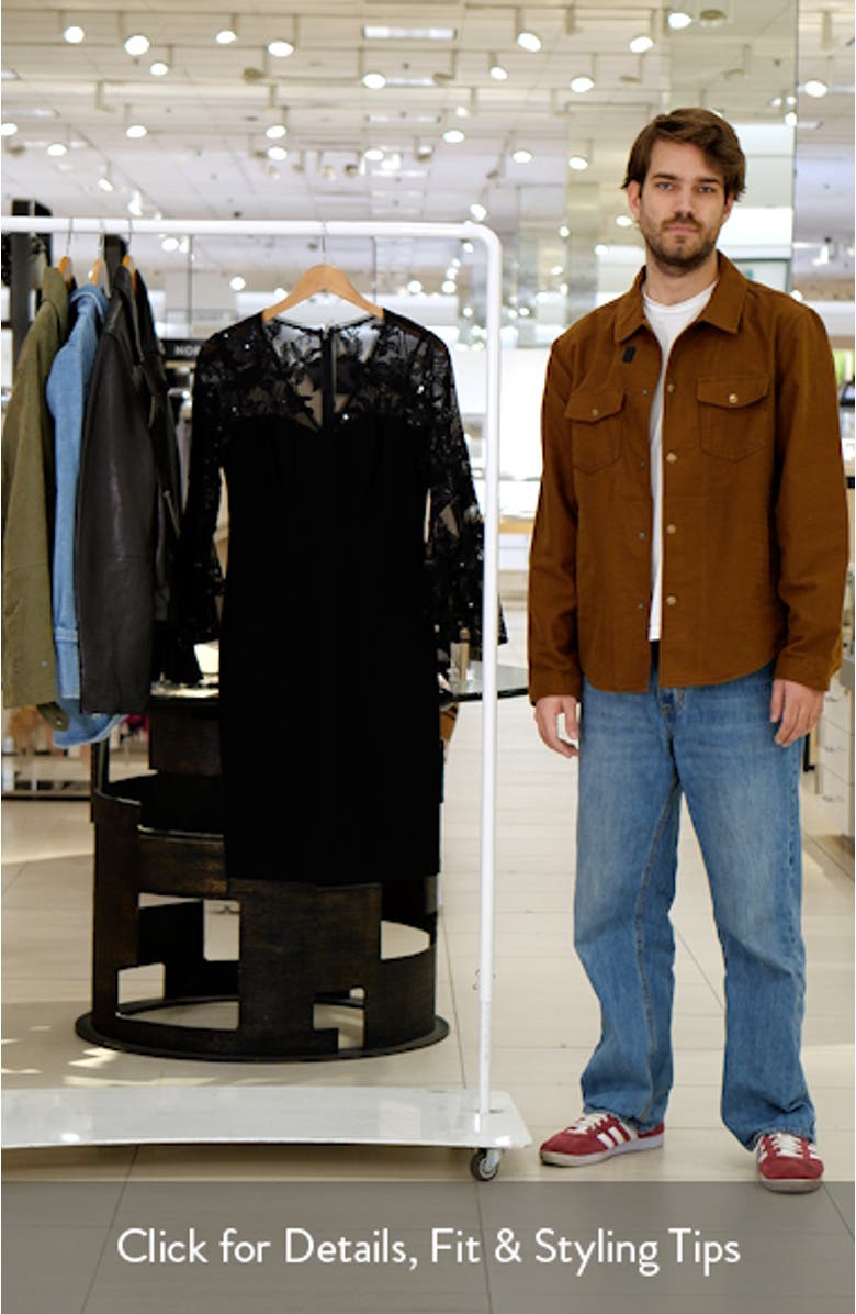 Embroidered Illusion Bell Sleeve Sheath Dress, sales video thumbnail