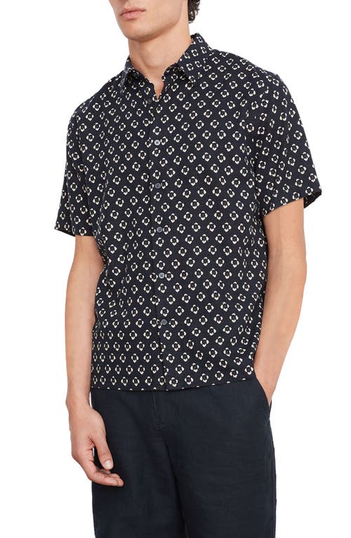 Vince Geometric Floral Short Sleeve Linen Blend Button-up Shirt In Black