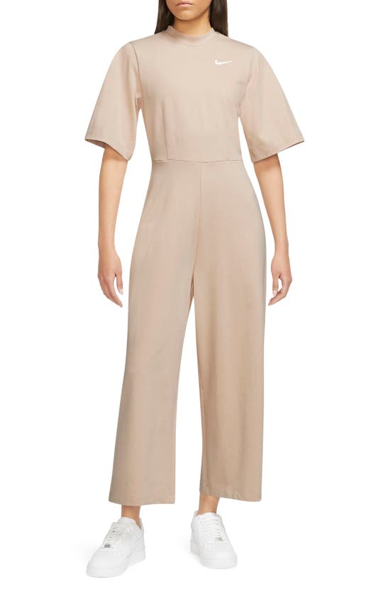 Nike Sportswear Short Sleeve Jersey Cotton Jumpsuit In Sanddrift/white