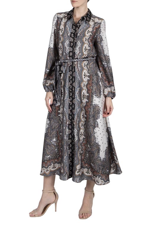 Julia Jordan Tie Belt Long Sleeve Midi Shirtdress In Black Multi