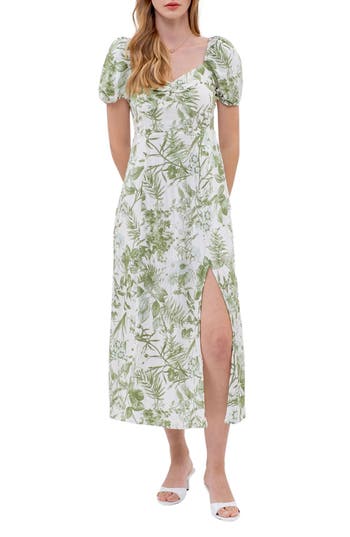 Shop Blu Pepper Floral Puff Sleeve Front Slit Midi Dress In Olive