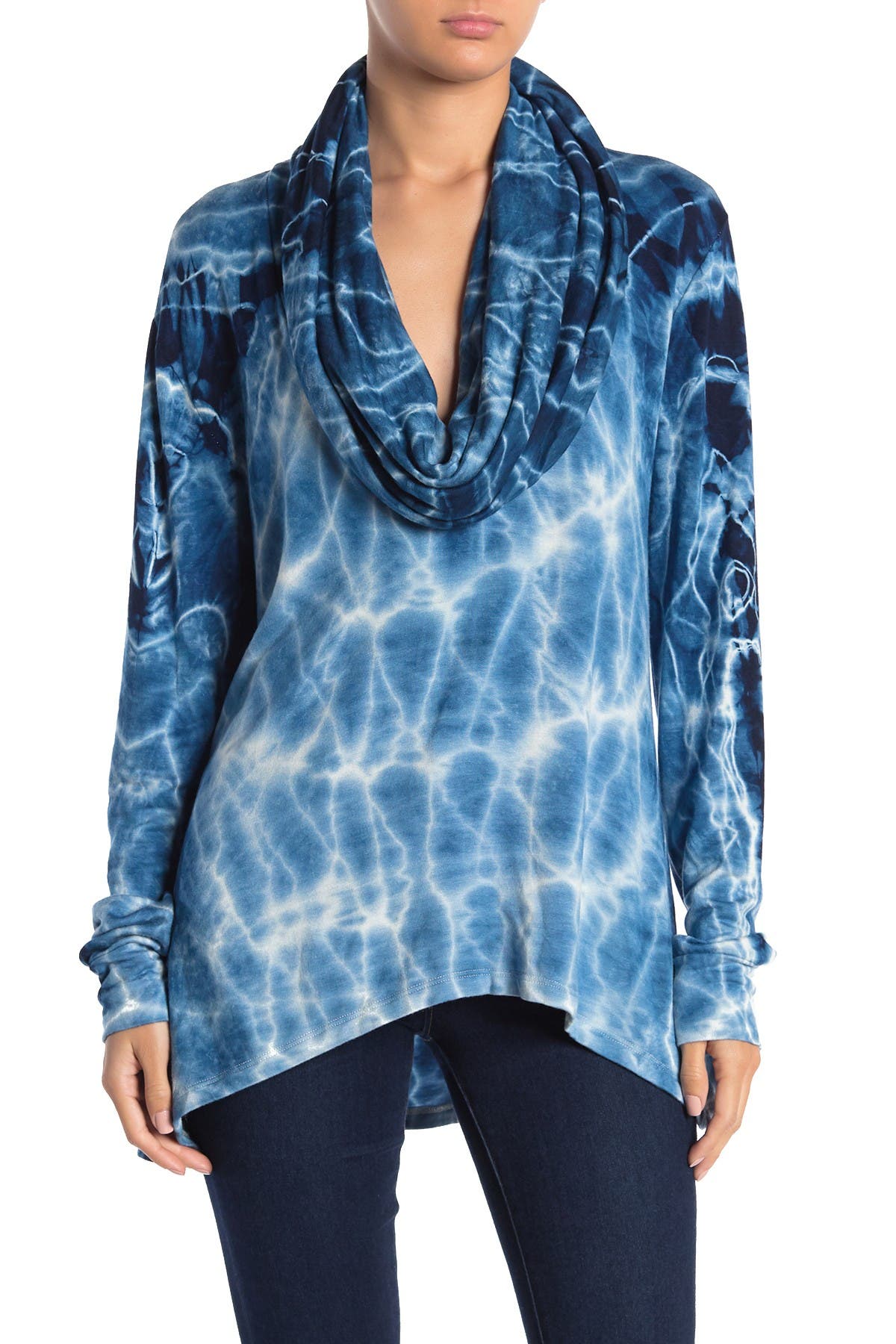 Go Couture Brushed Cowl Neck Tunic In Blue Swirl Wash
