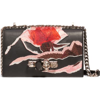Alexander Mcqueen Embroidered Knuckle Ring Leather Crossbody Bag - Black