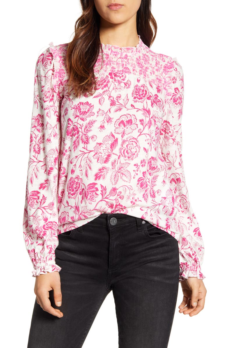 LUCKY BRAND Smocked Yoke Blouse, Main, color, PINK MULTI