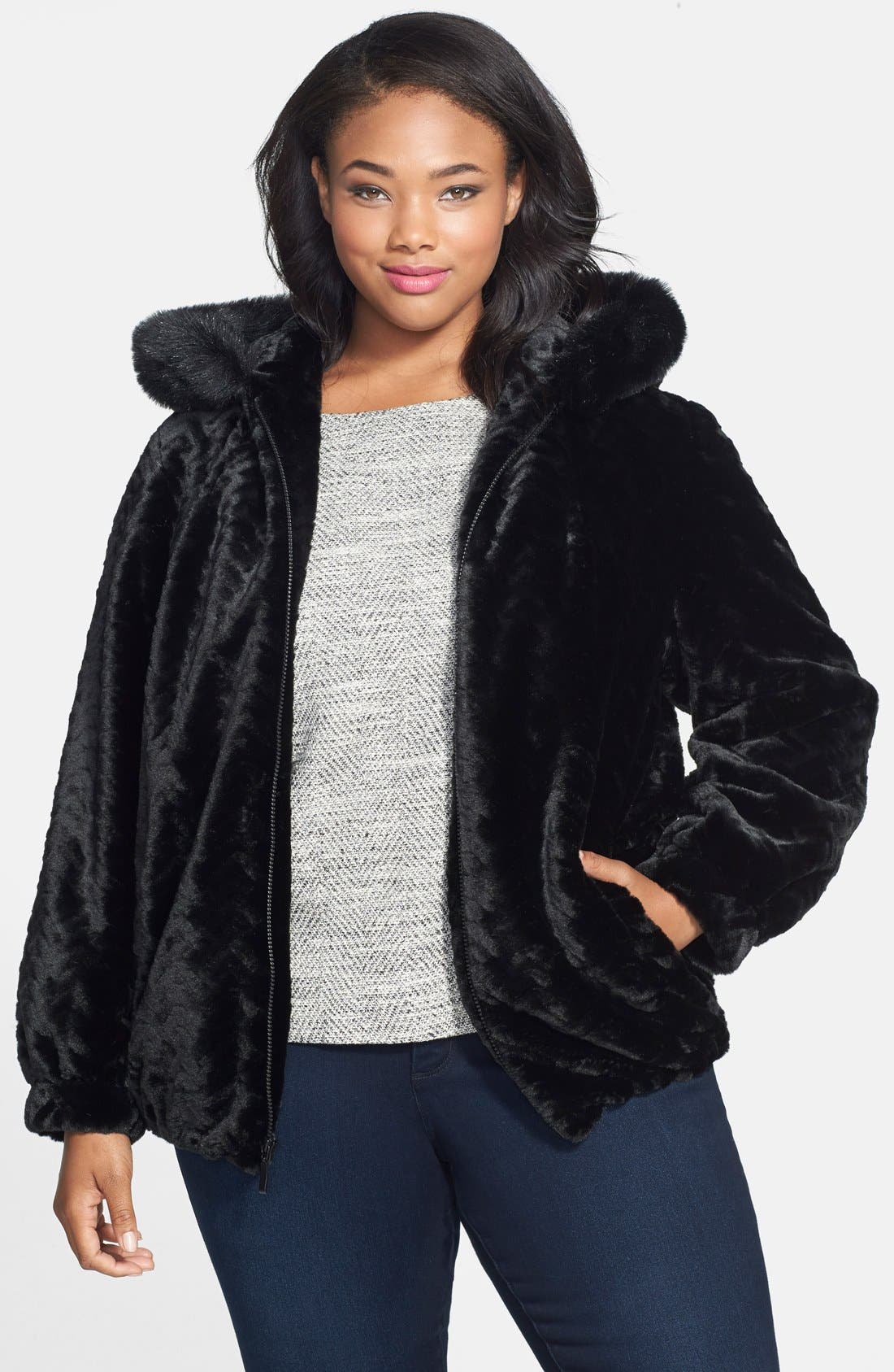 Gallery Hooded Blouson Faux Fur Jacket (Plus Size) | Nordstrom