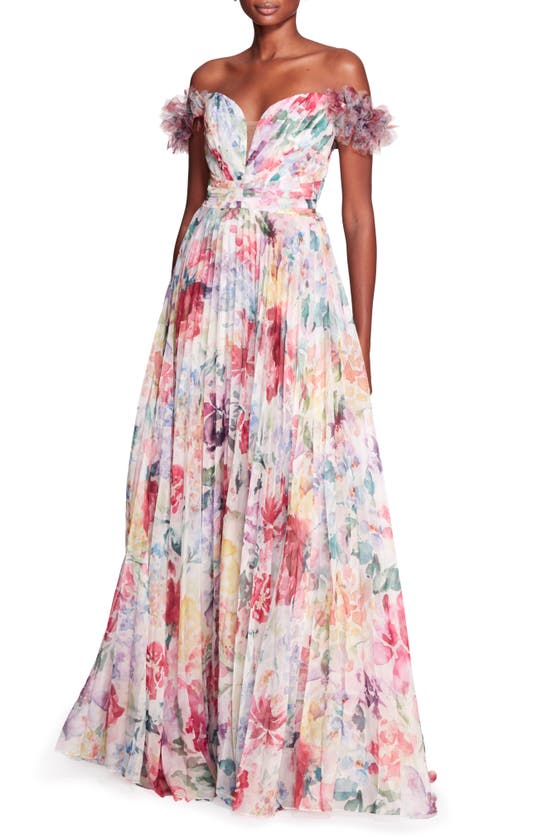 Marchesa Notte Off The Shoulder Print Gown In Ivory Multi