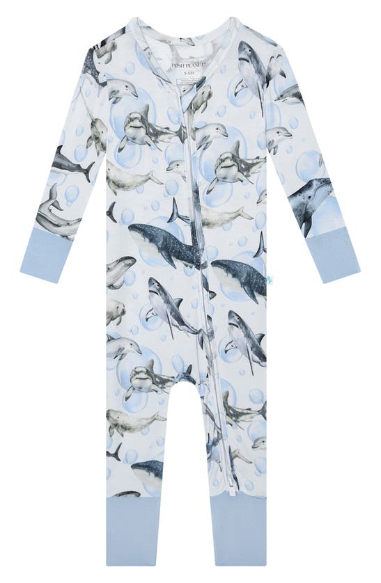 Shop Posh Peanut Sharkly Fitted Convertible Footie Pajamas In Open Blue