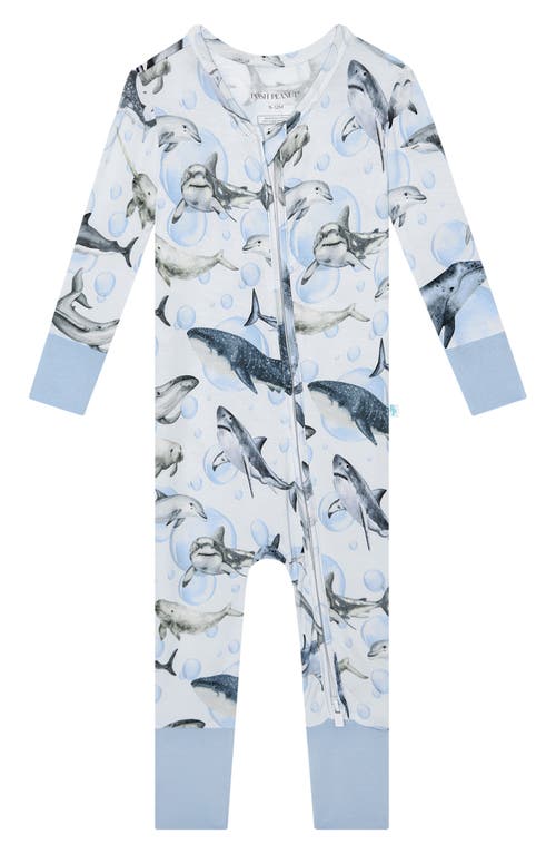 Posh Peanut Sharkly Fitted Convertible Footie Pajamas Open Blue at Nordstrom,