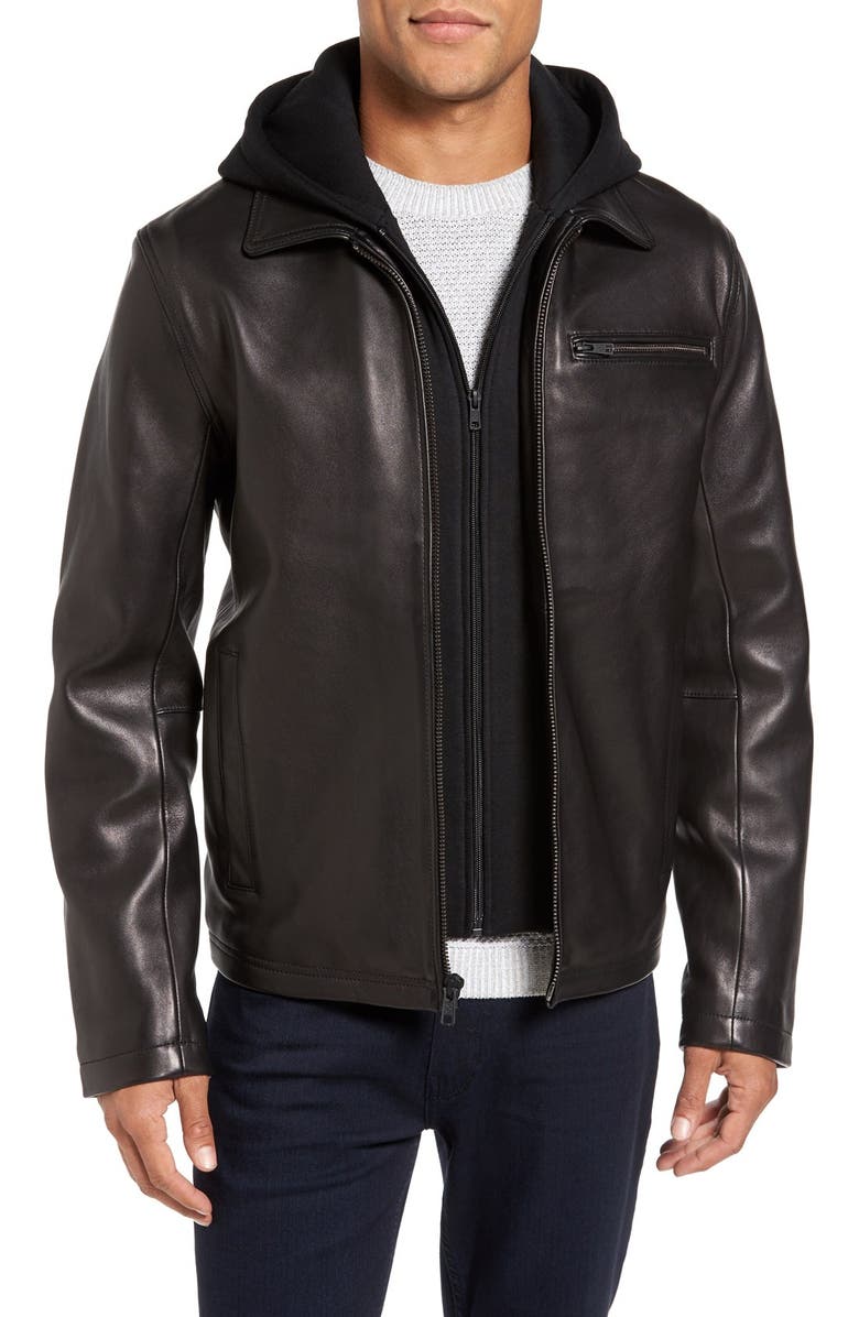 Vince Camuto Leather Jacket with Removable Hooded Bib | Nordstrom