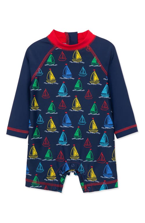 Little Me Kids' Boat Print Long Sleeve Rashguard Swumsuit Blue at Nordstrom,