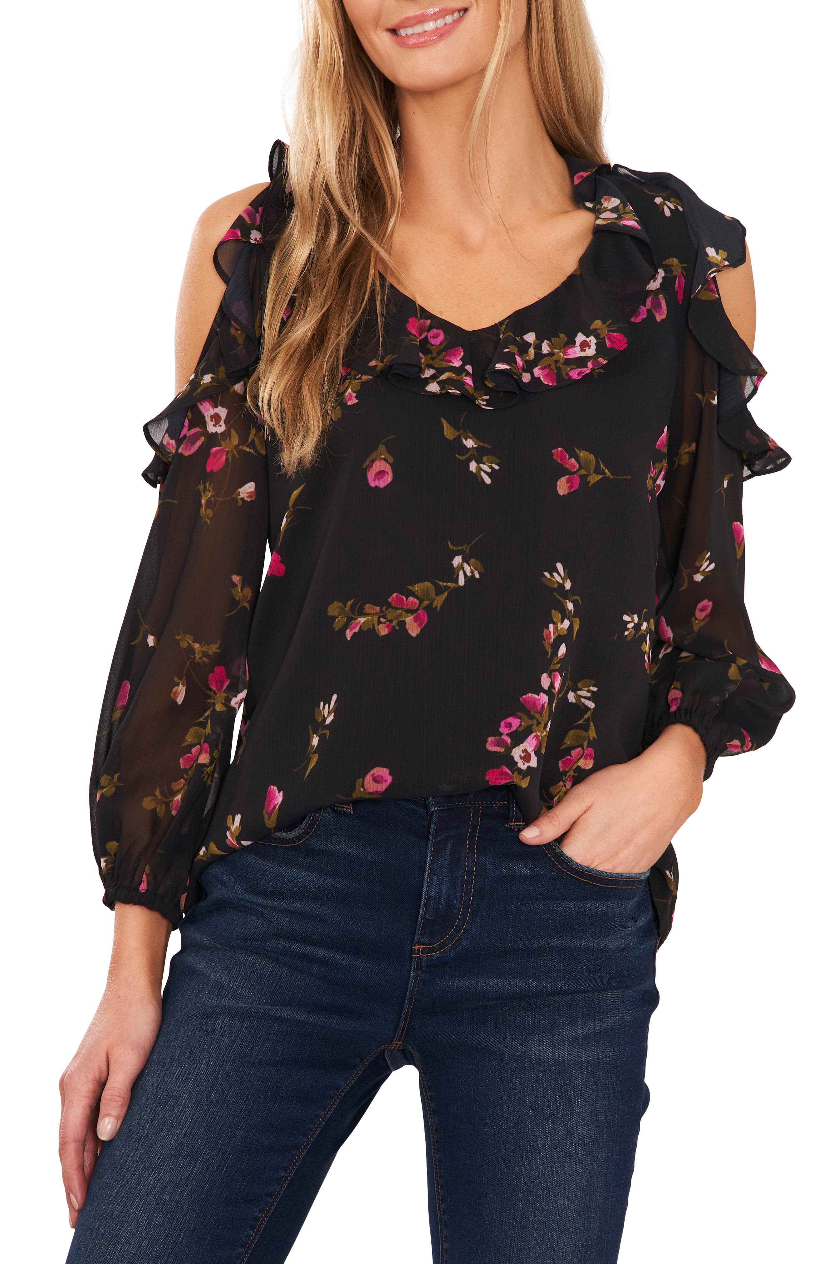 Ruffle sleeve cold shoulder top Clearance