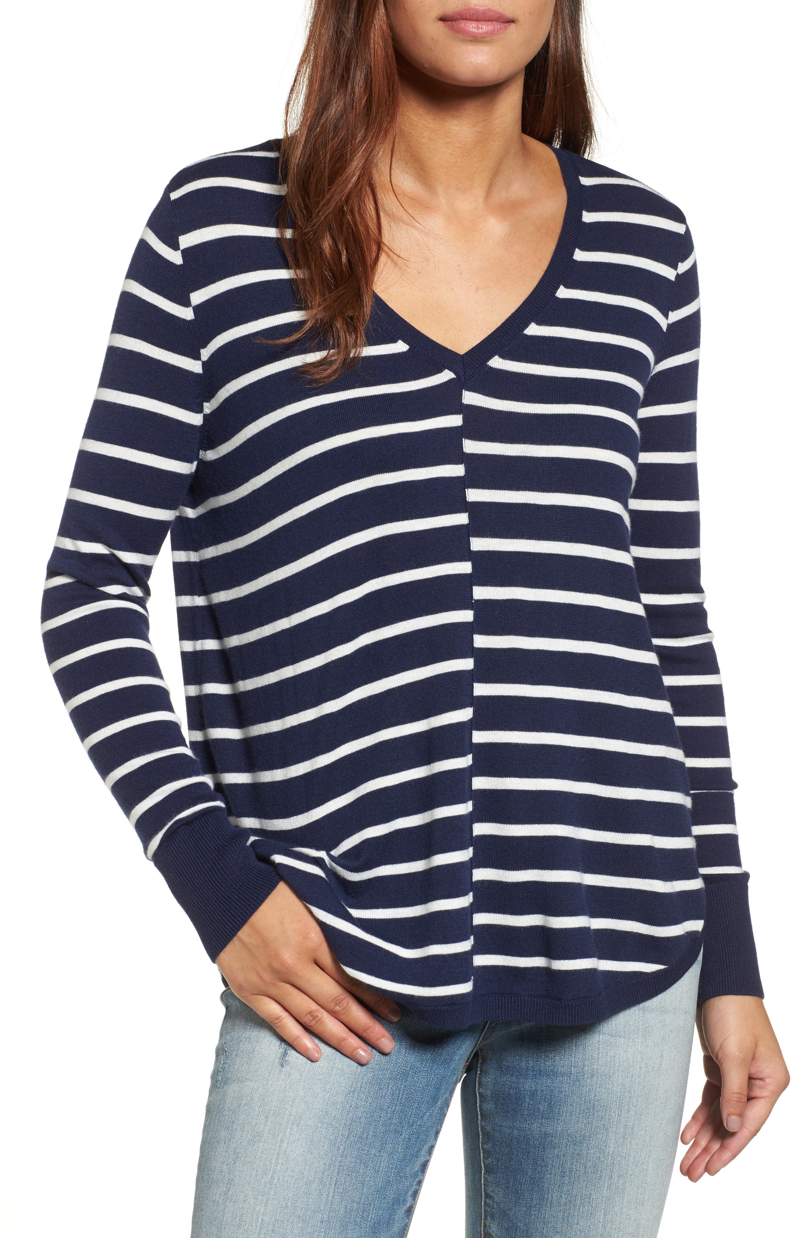 Caslon High-Low V-Neck Sweater, Blue