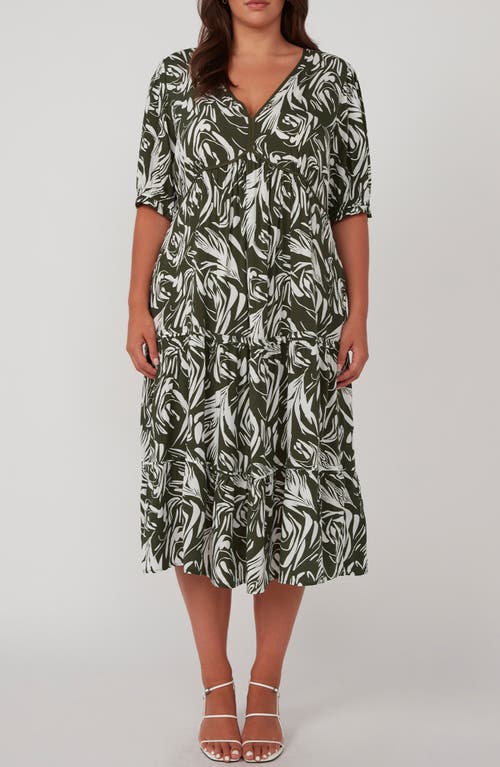 Shop Estelle Abstract Print Empire Waist Midi Dress In Olive/milk