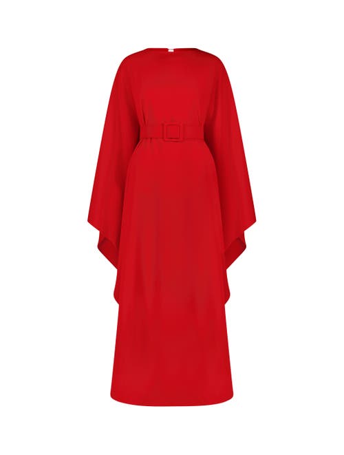 Mac Duggal Crepe Boat Neck Shawl Gown With Belt In Cherry