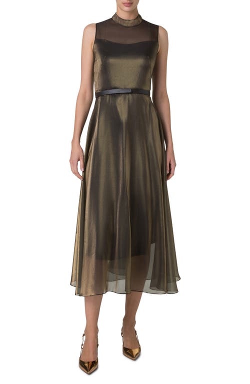 Akris Belted Metallic Silk Blend Organza Midi Dress in Black Gold 