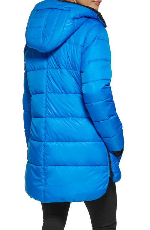 Shop Kenneth Cole New York Faux Shearling Lined Hood Channel Quilted Puffer Parka Jacket In Aqua