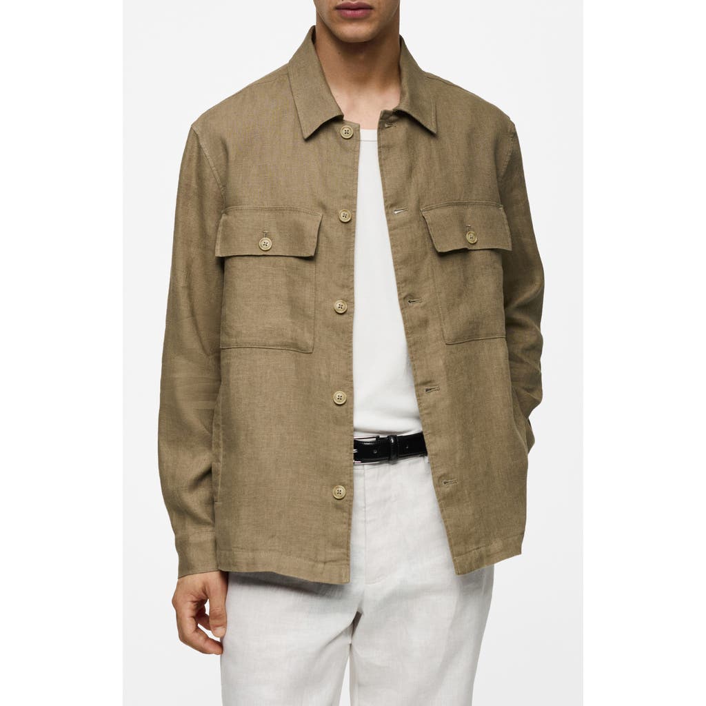 Mango Men's Linen Pockets Detail Overshirt In Khaki Green