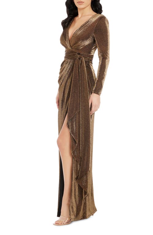 DRESS THE POPULATION DRESS THE POPULATION SHANIA METALLIC WRAP FRONT LONG SLEEVE GOWN