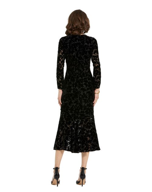 Mac Duggal Burnout Velvet Long Sleeve Ruffle Hem Midi Dress In Black