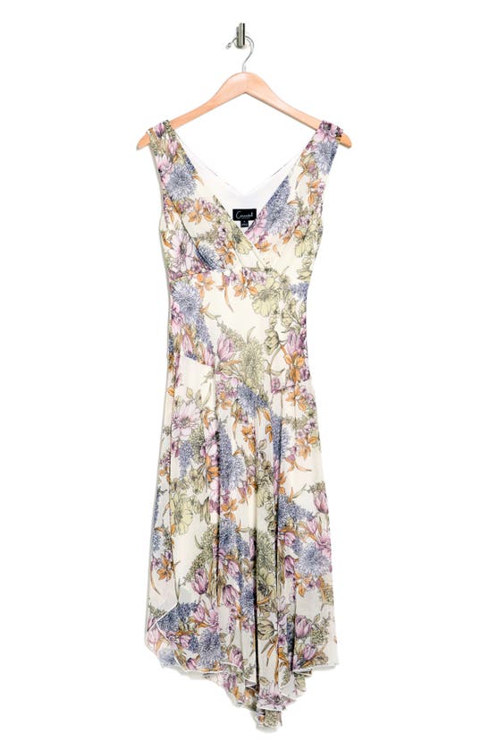 Connected Apparel Floral Chiffon Handkerchief Hem Midi Dress In Ivory/ Mauve