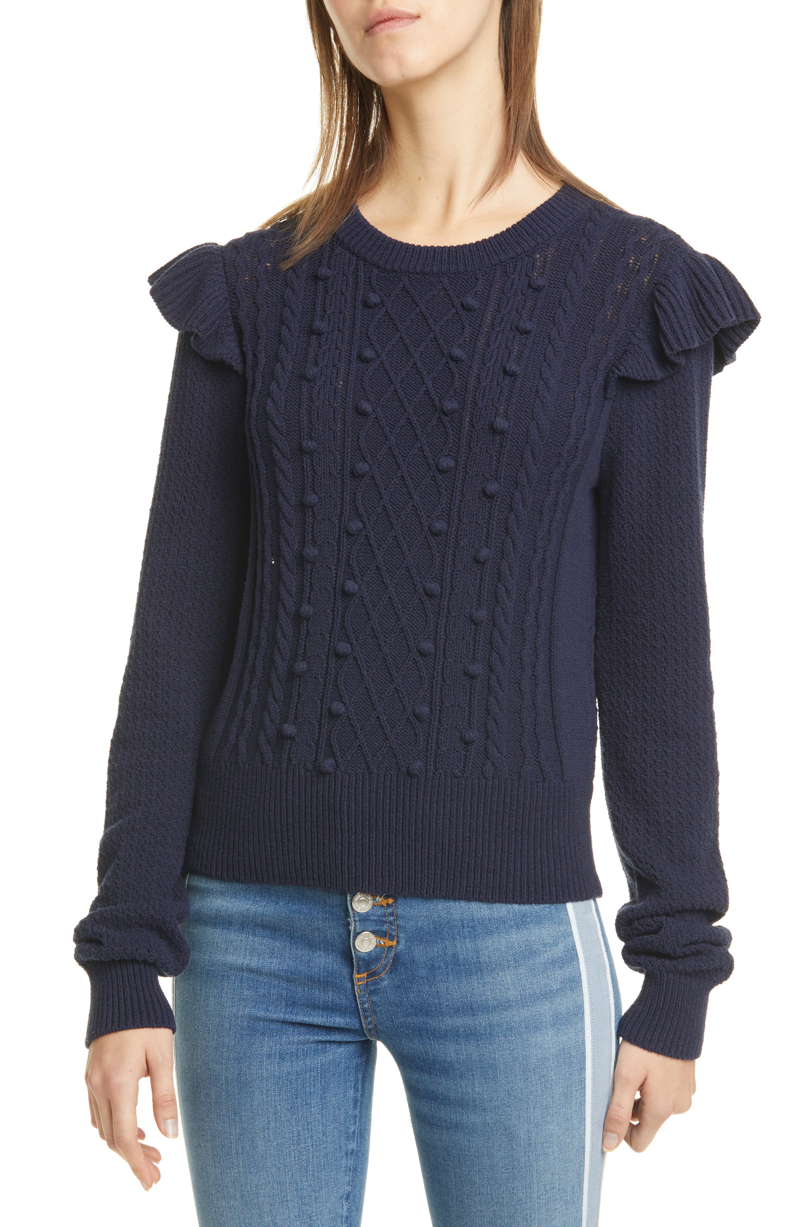 cable knit sweater with ruffles