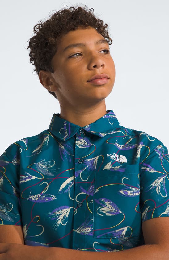 Shop The North Face Kids' Amphibious Print Short Sleeve Button-up Shirt In Blue Moss Gone Fishing Print