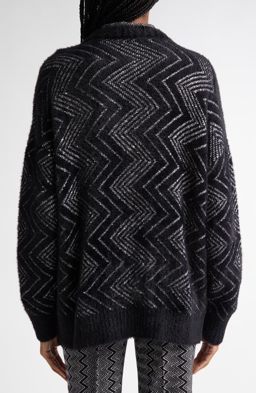 Shop Missoni Oversize Sequin Embellished Zigzag Cardigan In Base Black And Zigzag White