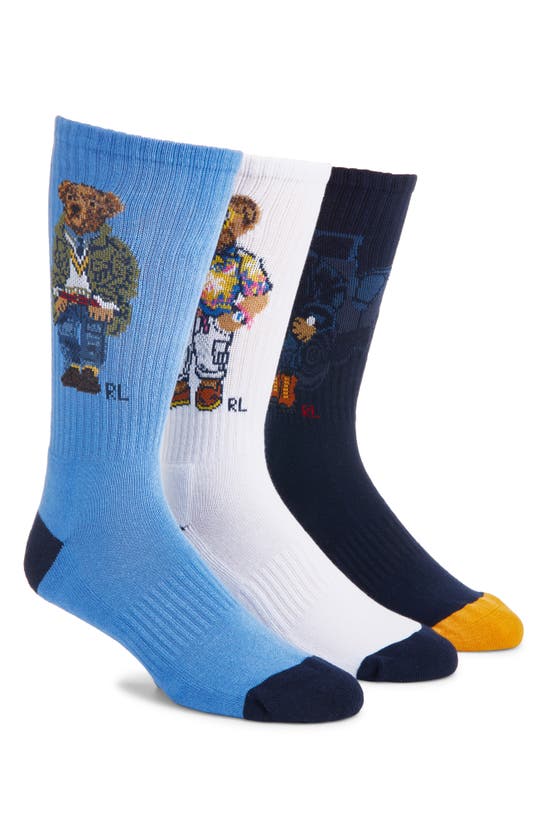 Shop Polo Ralph Lauren Assorted 3-pack Polo Bears Crew Socks In Blue Assorted
