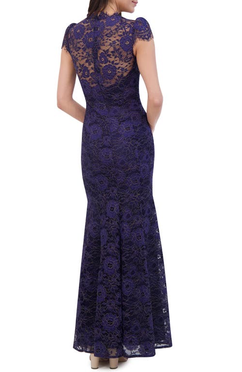 Shop Eliza J Eyelash Lace Cap Sleeve Trumpet Gown In Navy Gold