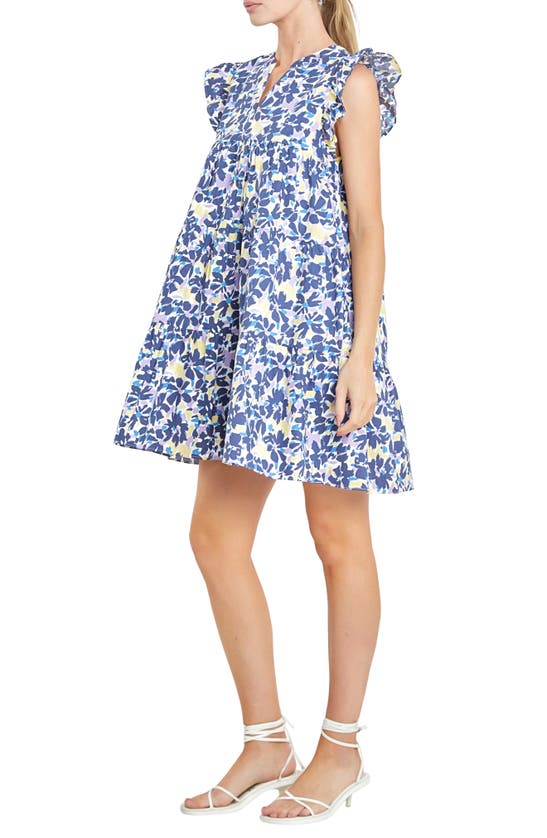 Shop English Factory Floral Ruffle Cap Sleeve Babydoll Minidress In Blue Multi