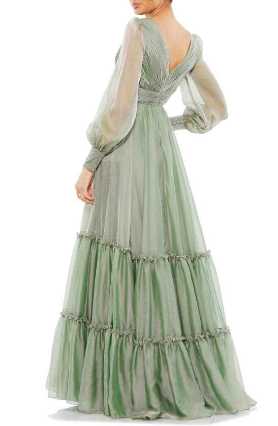 Shop Mac Duggal Long Sleeve Tiered A-line Gown In Sage