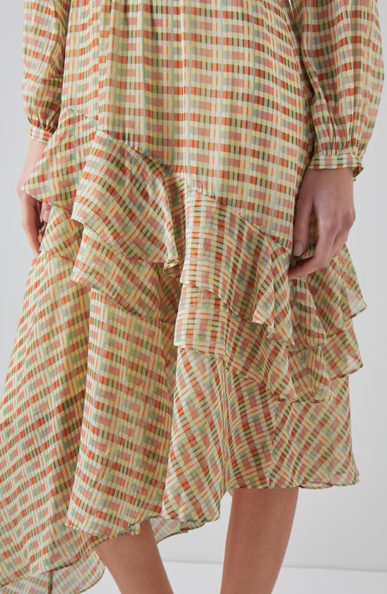 Shop Lk Bennett Bea Print Ruffle Asymmetric Long Sleeve Silk Midi Dress In Rose