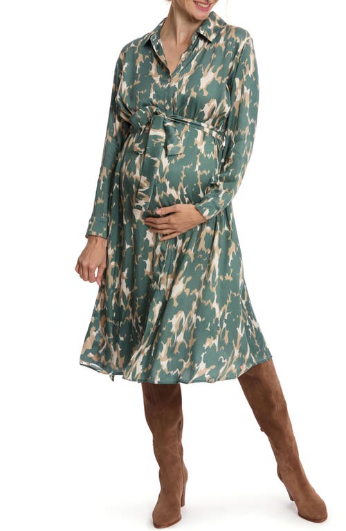 Cache Coeur Ryn Tie Belt Long Sleeve Maternity Shirtdress In Dark Green