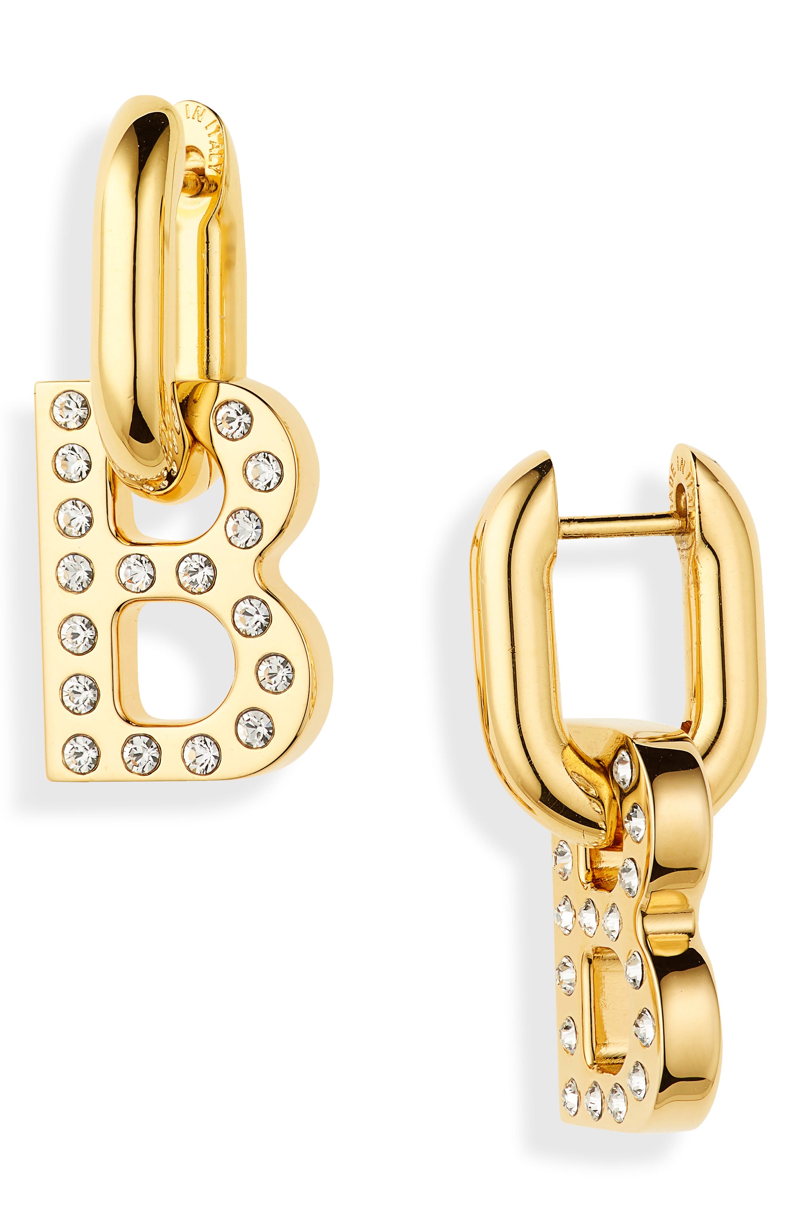 Balenciaga Crystal B Logo Hoop Earrings in Shiny Gold/Crystal at Nordstrom