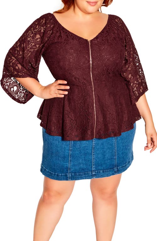 City Chic Sheer Romance V-Neck Zip-Up Lace Blouse in Oxblood
