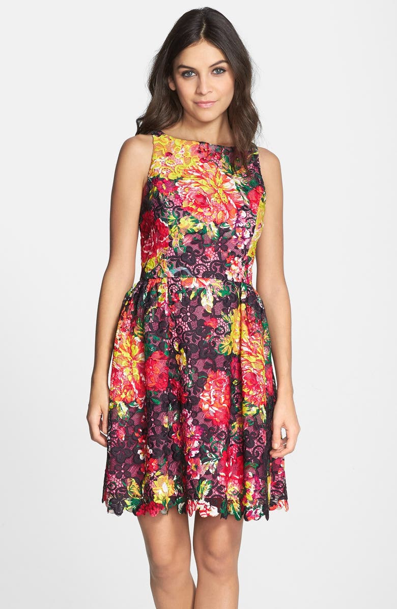 Adrianna Papell Floral Print Lace Fit & Flare Dress | Nordstrom