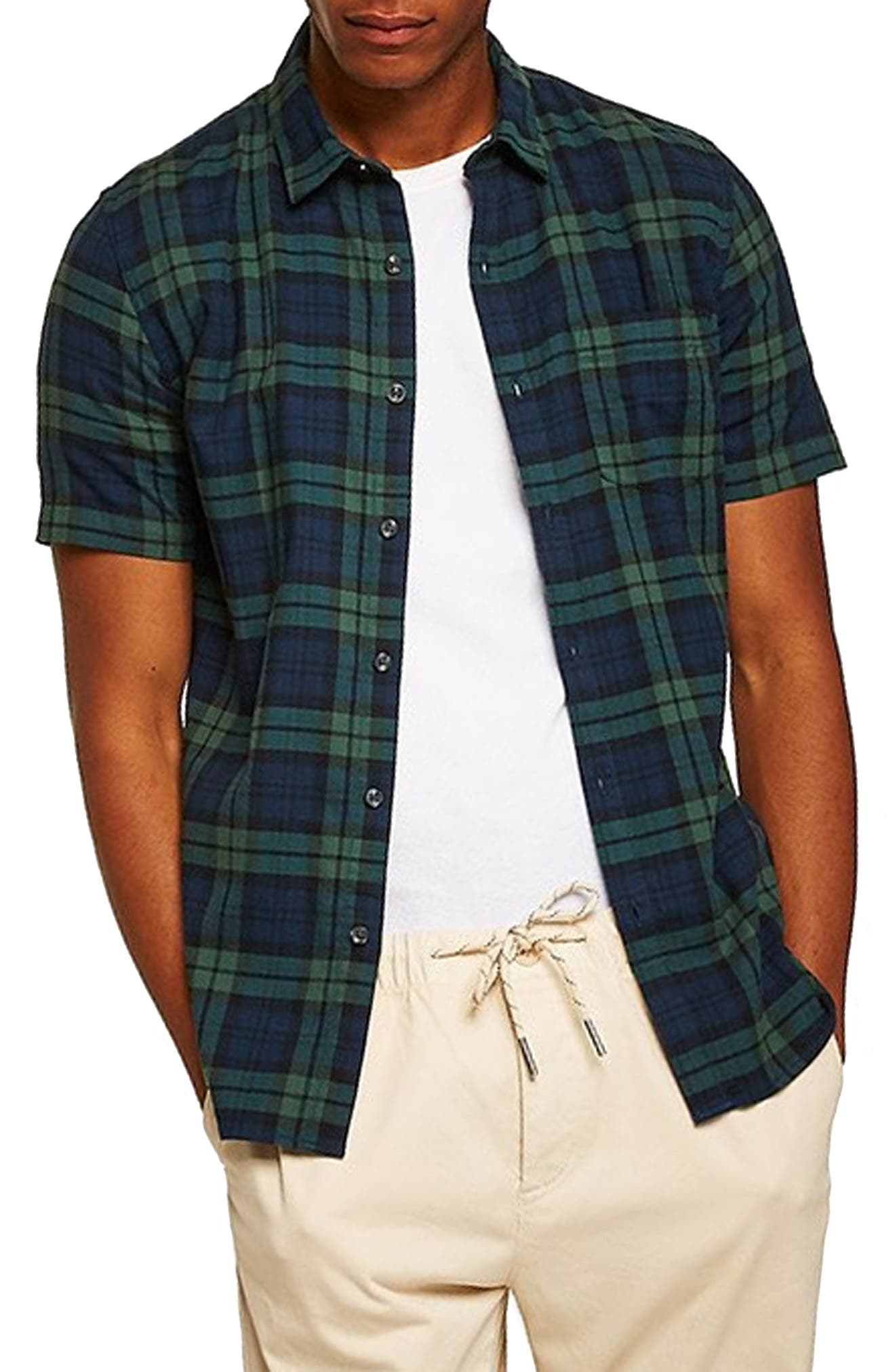 Topman Muscle Fit Black Watch Plaid Shirt Nordstrom