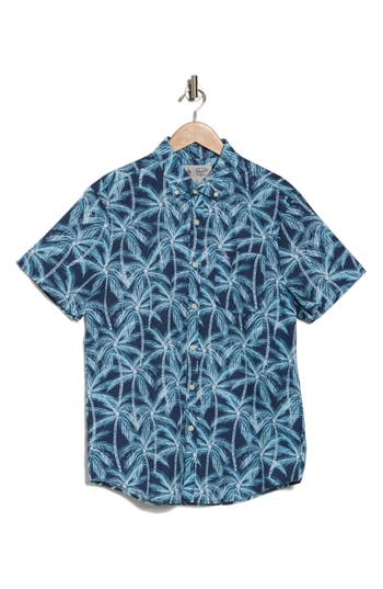 Original Penguin Palm Print Short Sleeve Stretch Poplin Button-up Shirt In Blue