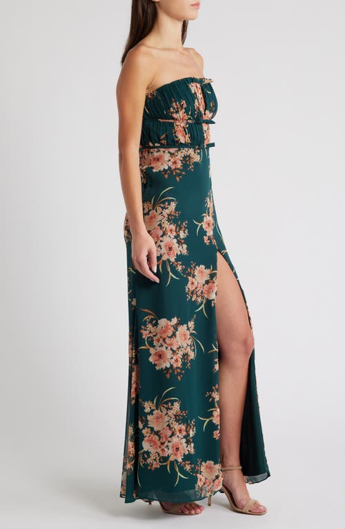 Shop Lulus Enchanting Garden Strapless Cocktail Dress In Emerald/blush/light Brown