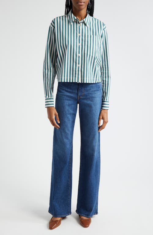 Shop Veronica Beard Maia Stripe Crop Button-up Shirt In Pine/white