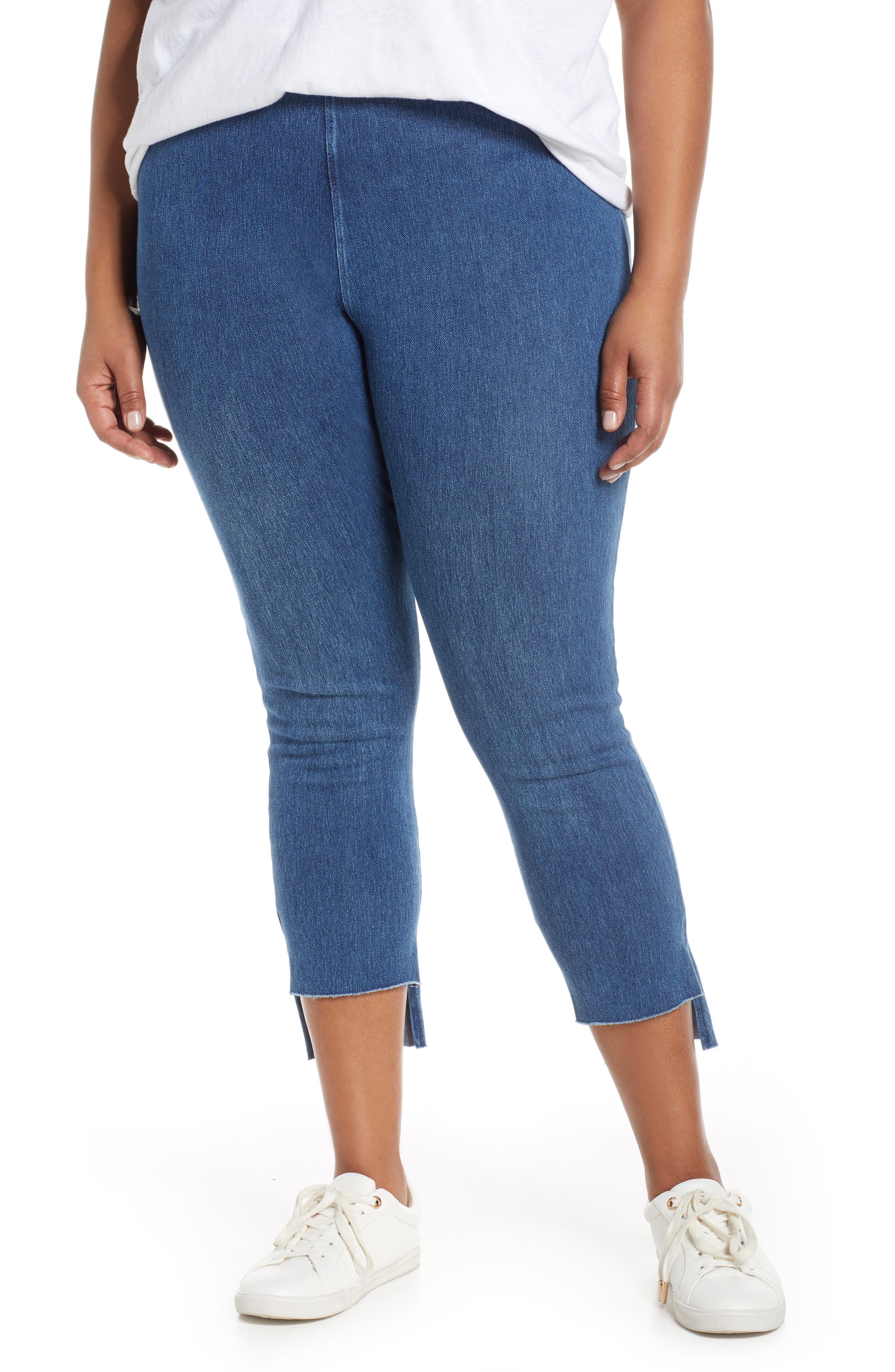 Plus Size Lysse Stagger High Waist Raw Step Hem Denim Leggings, Blue