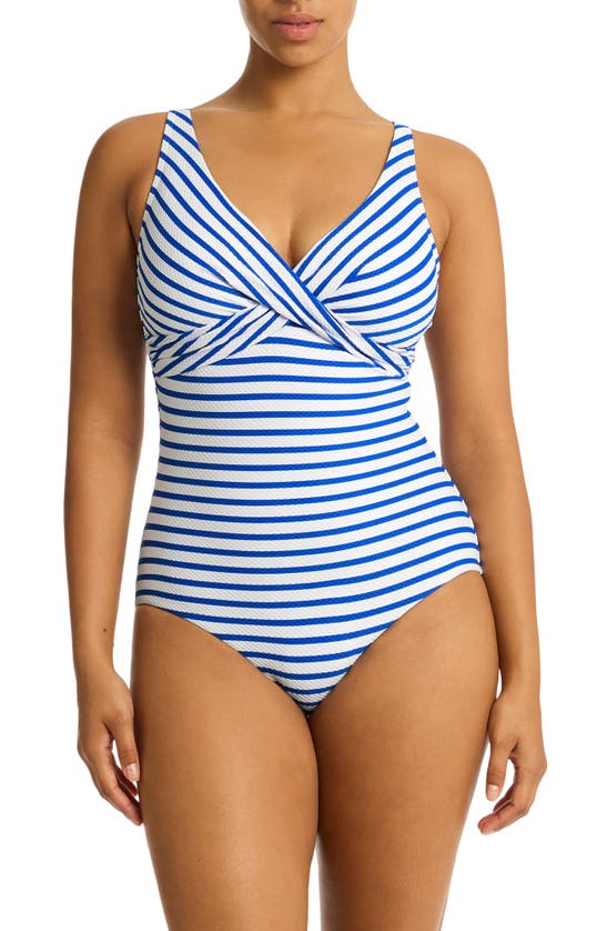 Shop Sea Level Stripe Cross Front Multifit One-piece Swimsuit In Blue