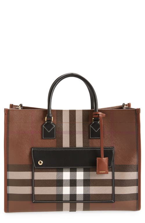 burberry Medium Freya Check E-Canvas Tote in Dark Birch Brown Chk at Nordstrom