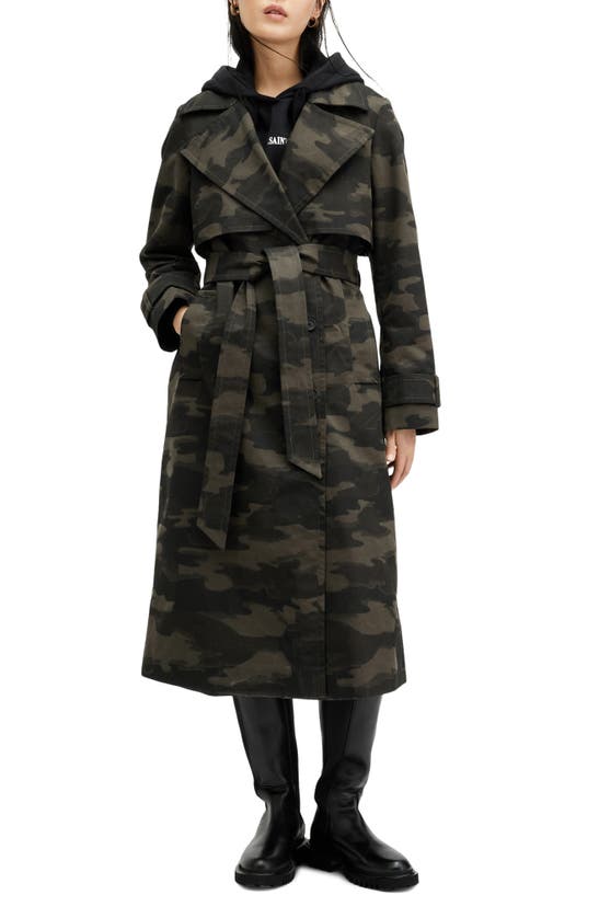 Shop Allsaints Mixie Tie Waist Double Breasted Camo Trench Coat In Camo Brown