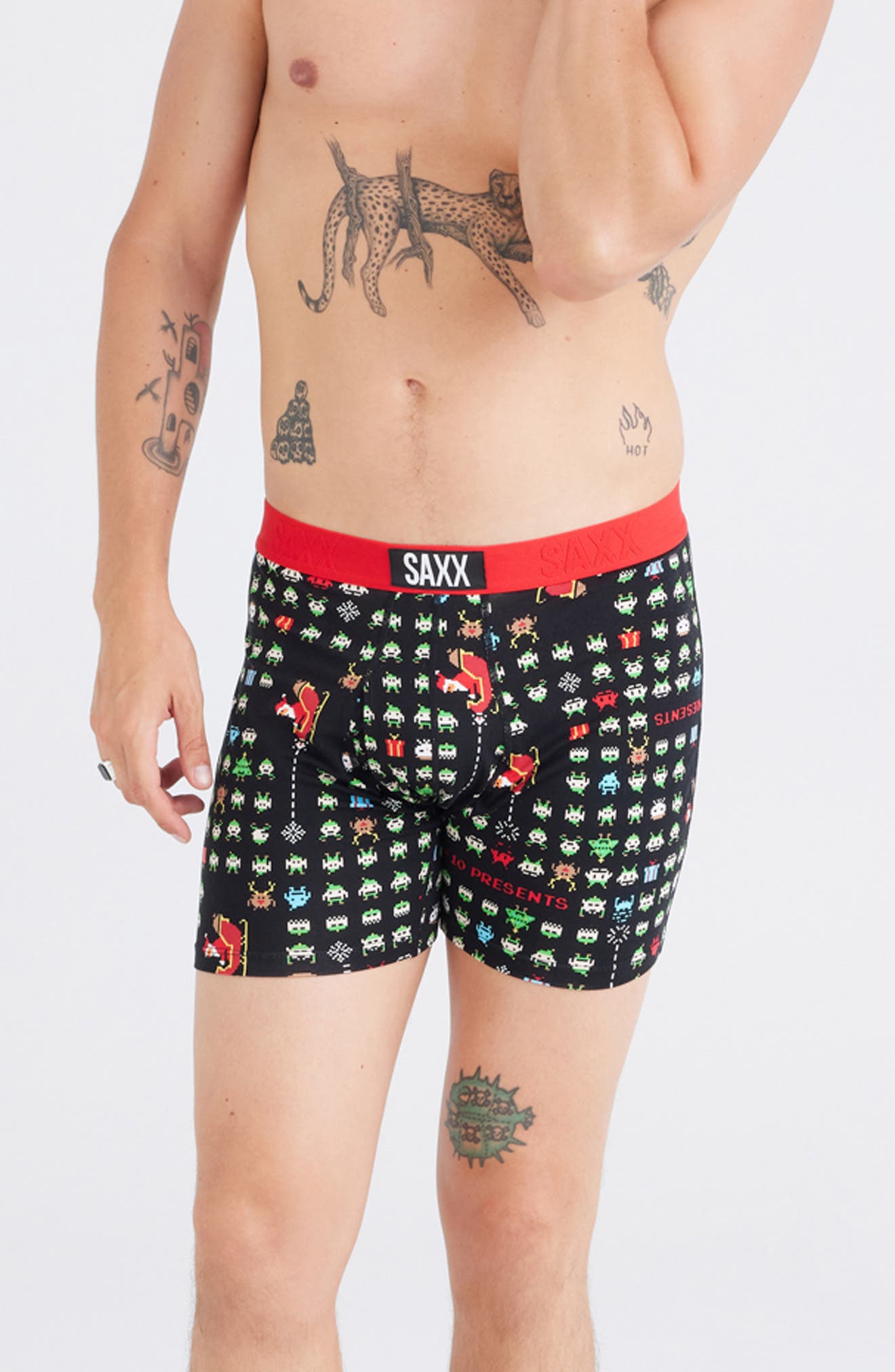 SAXX Ultra Super Soft Relaxed Fit Boxer Briefs in Sleigh Invaders-Black Cover