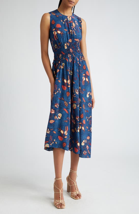 Shop Ulla Johnson Luca Print Sleeveless Silk Midi Dress In Blue Dahlia