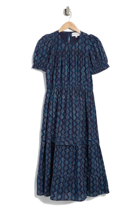 Maisie Rubin Short Puff Sleeve Tiered Maxi Dress In Navy/ Ivory Geo
