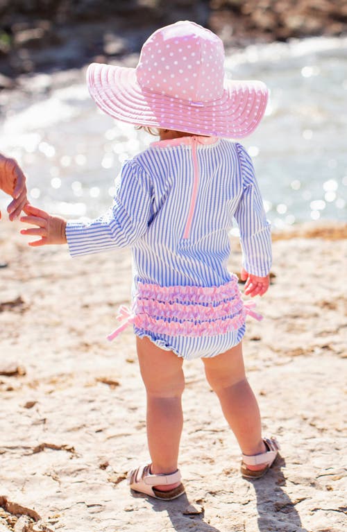 Rufflebutts Seersucker One-piece Rashguard Swimsuit & Hat Set In Bluednu